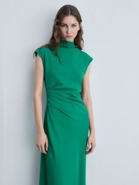Mango Sleek Green Cap-Sleeve Evening Dress NWT